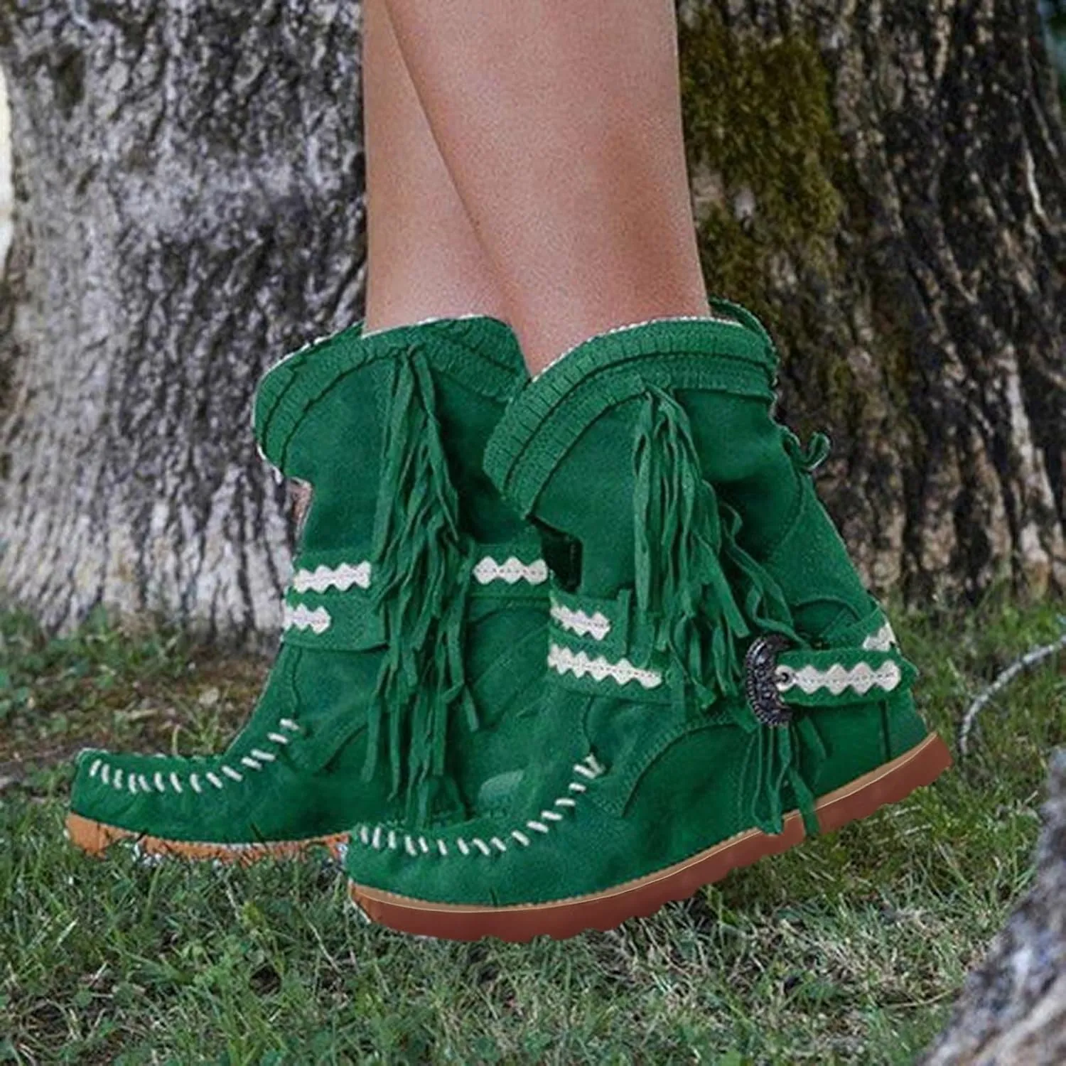 Ankle Boots For Women Tassel Flat Cowboy Boots Suede Buckle Wedge Cowgirl Western Ankle Booties Ankle Bootie