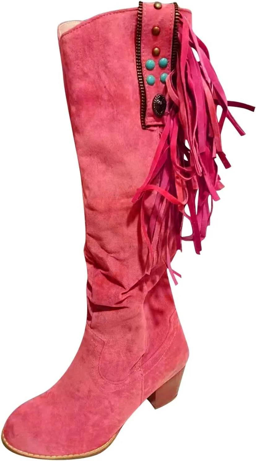 Boots For Women Casual Hot Pink Square Heel Thigh High Boots Tassel Knee High Boots Suede Tall Boots