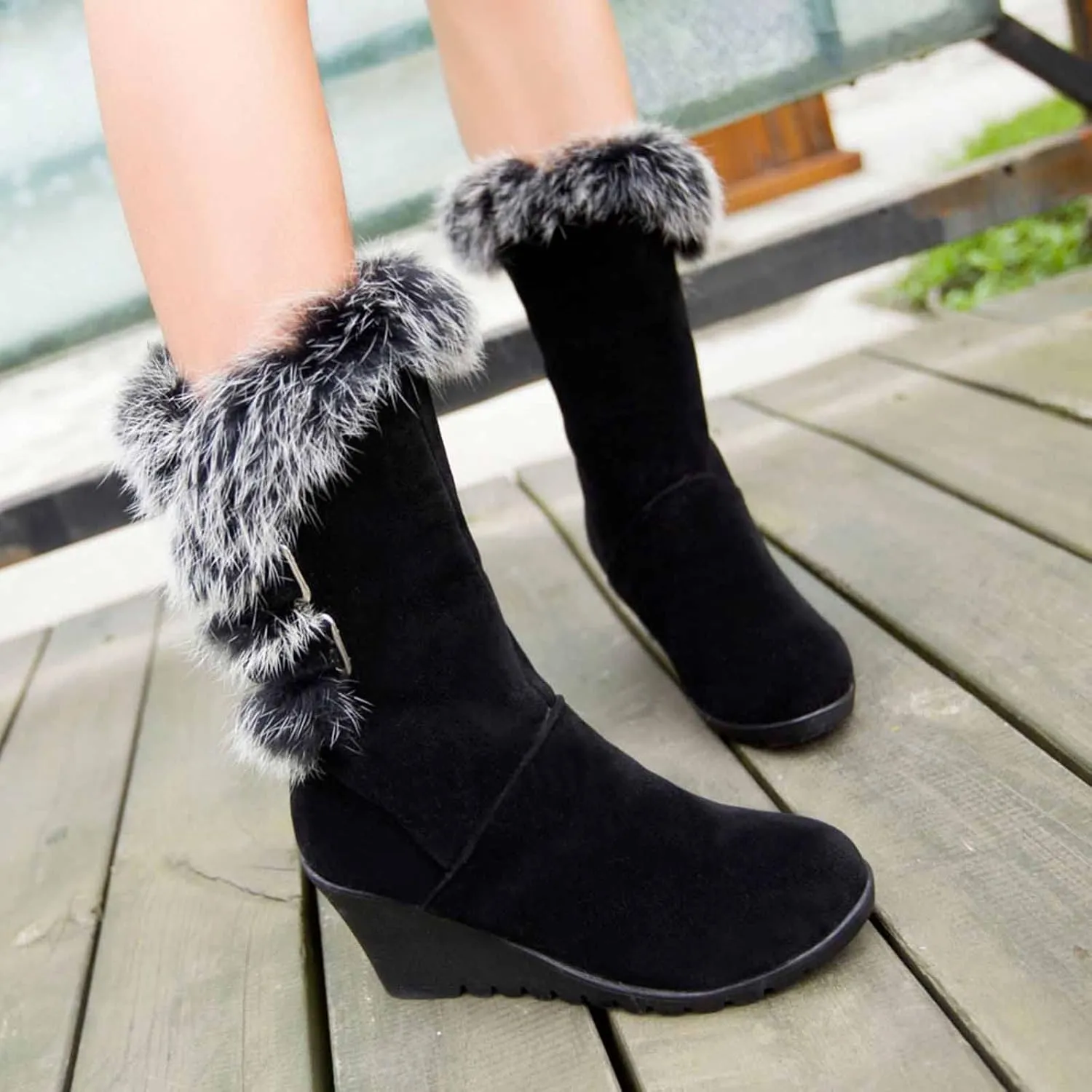 Boots For Women Comfortable Velvet Wedge Boots Round Toe Suede Lug Sole Thigh High Boots Mid-Calf Boots