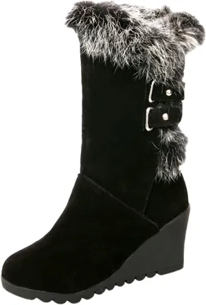 Boots For Women Comfortable Velvet Wedge Boots Round Toe Suede Lug Sole Thigh High Boots Mid-Calf Boots