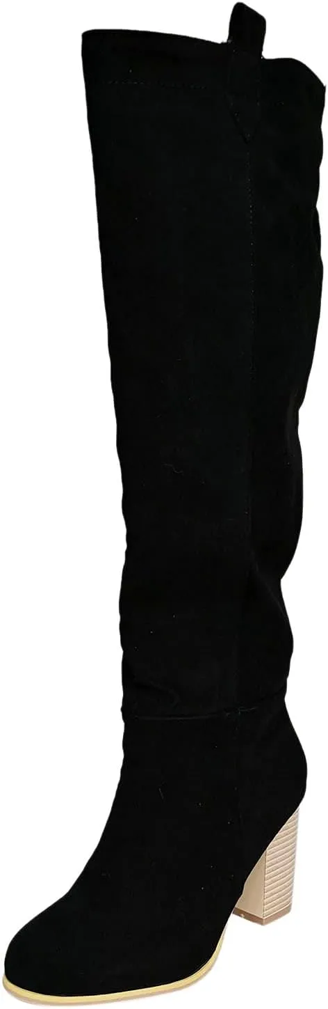 Combat Boots Womens High Chunky Heeled Knee High Boots Pull On Pointed Suede Thigh High Boots Long Bootie