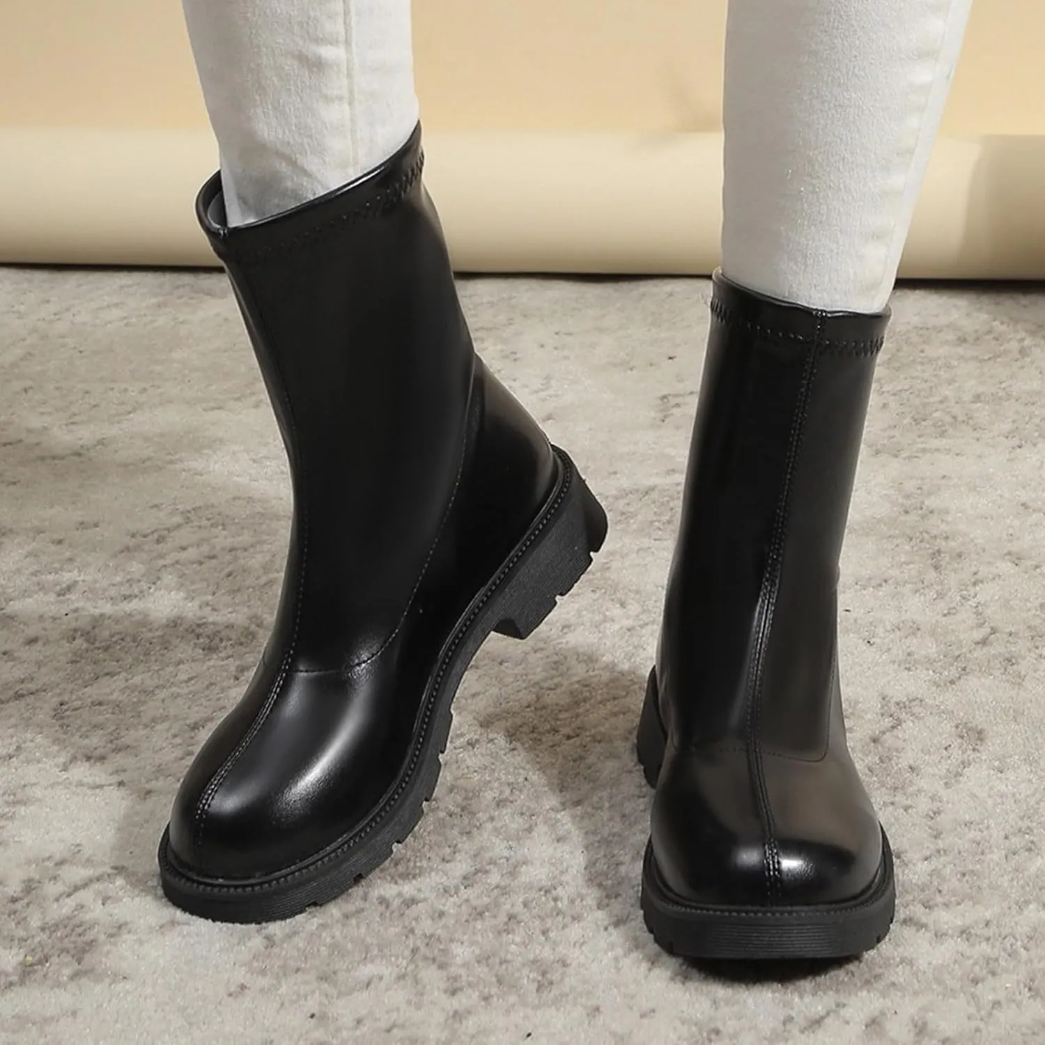 Combat Boots Womens Women's Round Toe Chunky Heel Large Size Boots Pull On Ankle Bootie Short Booties Solid Color