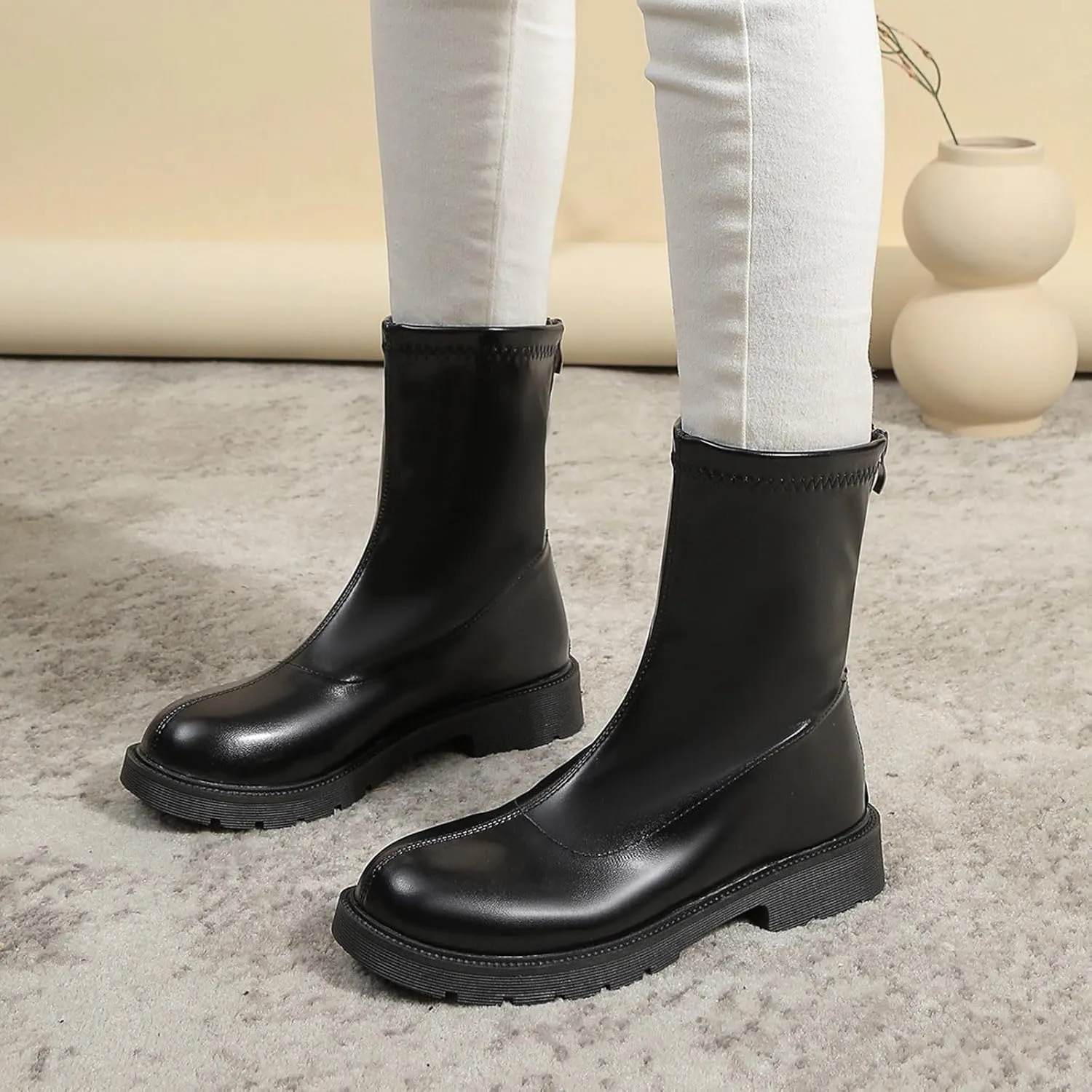 Combat Boots Womens Women's Round Toe Chunky Heel Large Size Boots Pull On Ankle Bootie Short Booties Solid Color