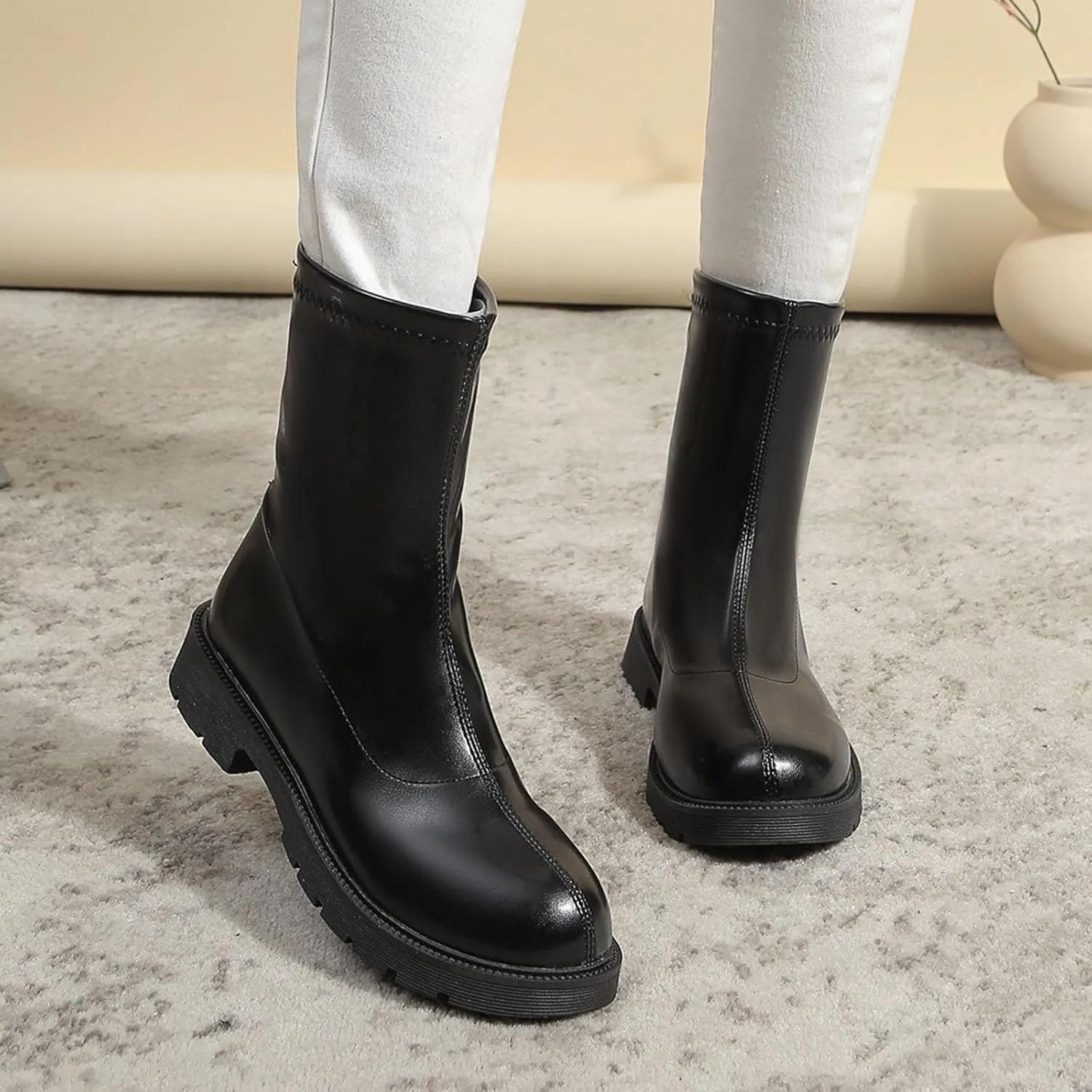 Combat Boots Womens Women's Round Toe Chunky Heel Large Size Boots Pull On Ankle Bootie Short Booties Solid Color