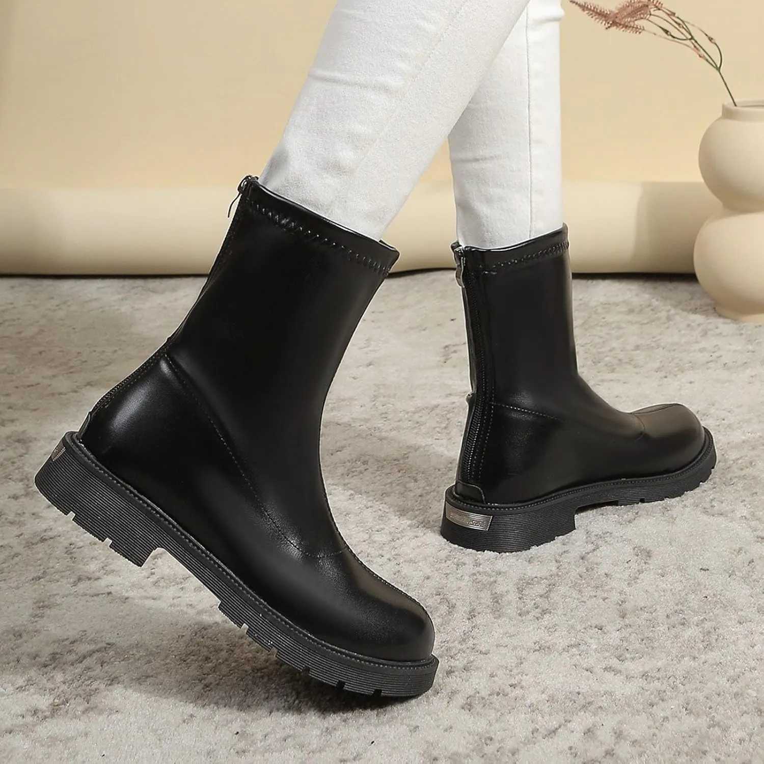 Combat Boots Womens Women's Round Toe Chunky Heel Large Size Boots Pull On Ankle Bootie Short Booties Solid Color