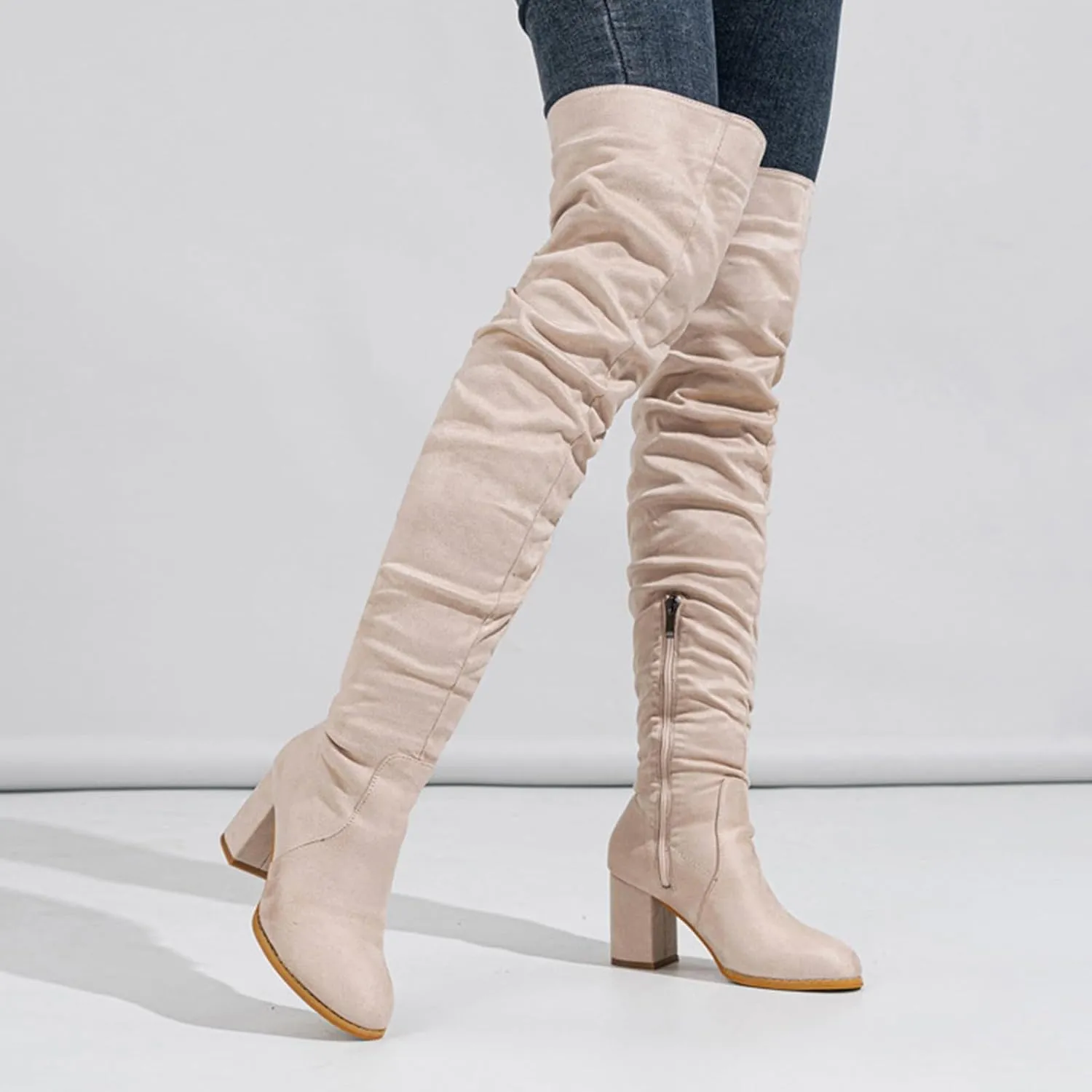 Cowboy Boots For Women Square Heel Over Knee Boots Suede Zipper Thigh High Boots Chunky Heeled Tall Long Boots