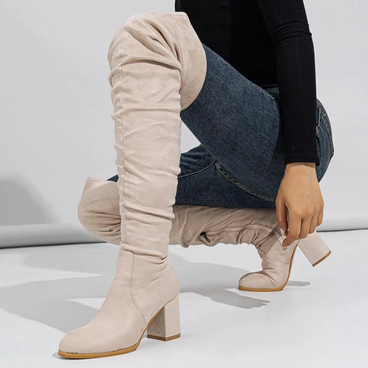 Cowboy Boots For Women Square Heel Over Knee Boots Suede Zipper Thigh High Boots Chunky Heeled Tall Long Boots