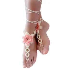 Crochet Barefoot Sandals. Ivory and Peach Flower Foot Jewelry. Boho Anklets. Beach Wedding Nude Shoes.
