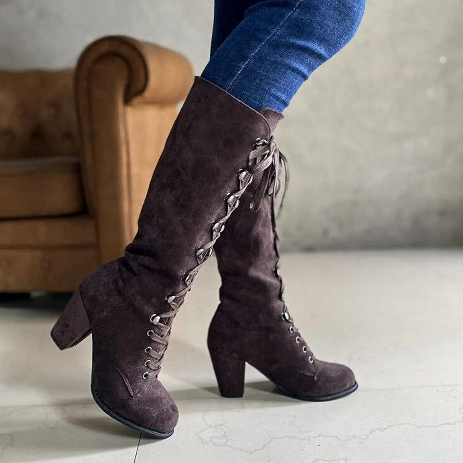 Hiking Boots Women Retro Vintage Lace-Up Thigh High Boots Suede Low Chunky Heels Knee High Long Boots