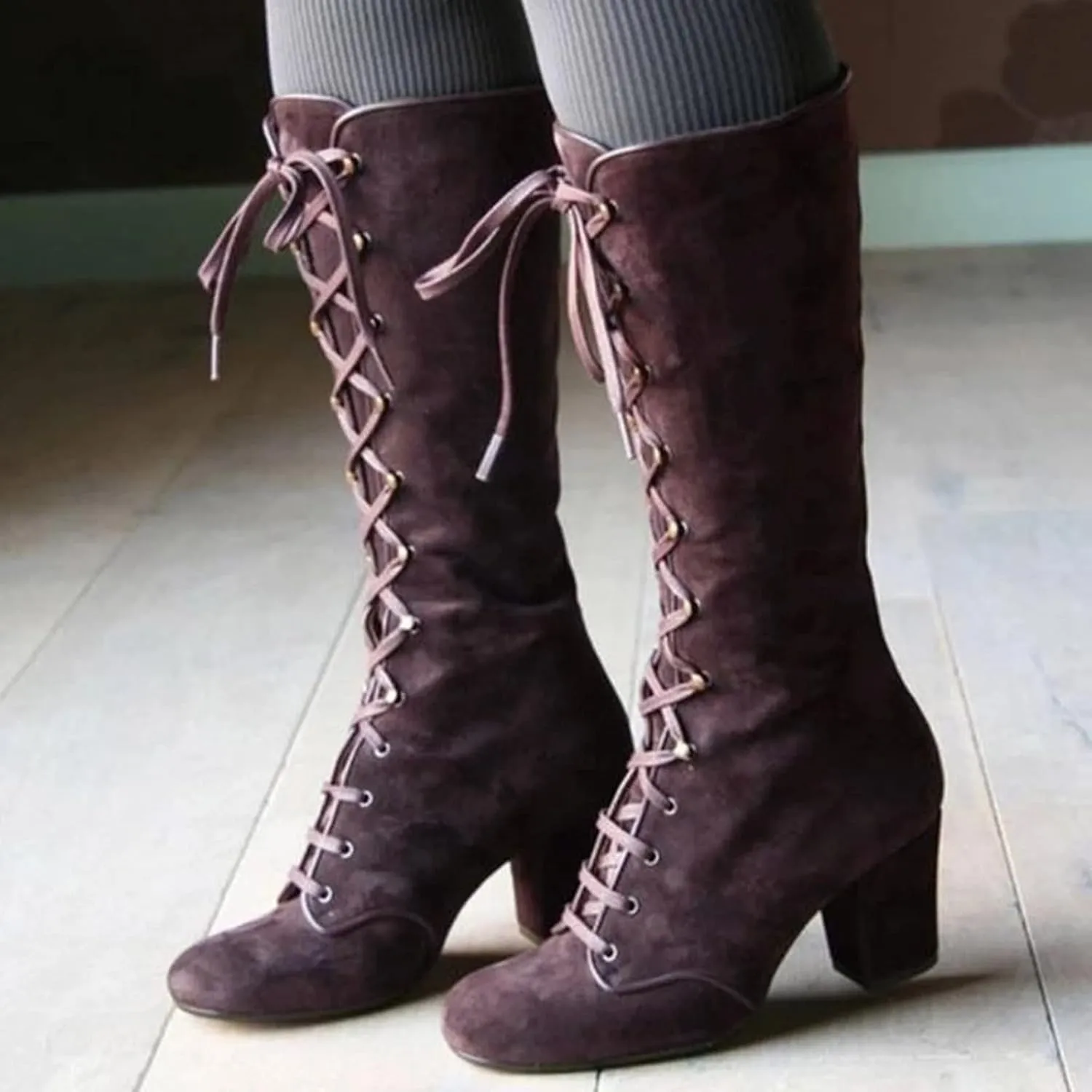 Hiking Boots Women Retro Vintage Lace-Up Thigh High Boots Suede Low Chunky Heels Knee High Long Boots