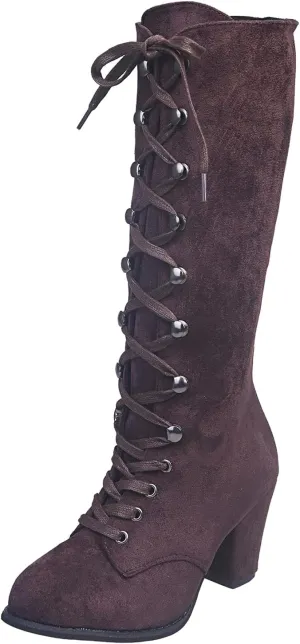 Hiking Boots Women Retro Vintage Lace-Up Thigh High Boots Suede Low Chunky Heels Knee High Long Boots