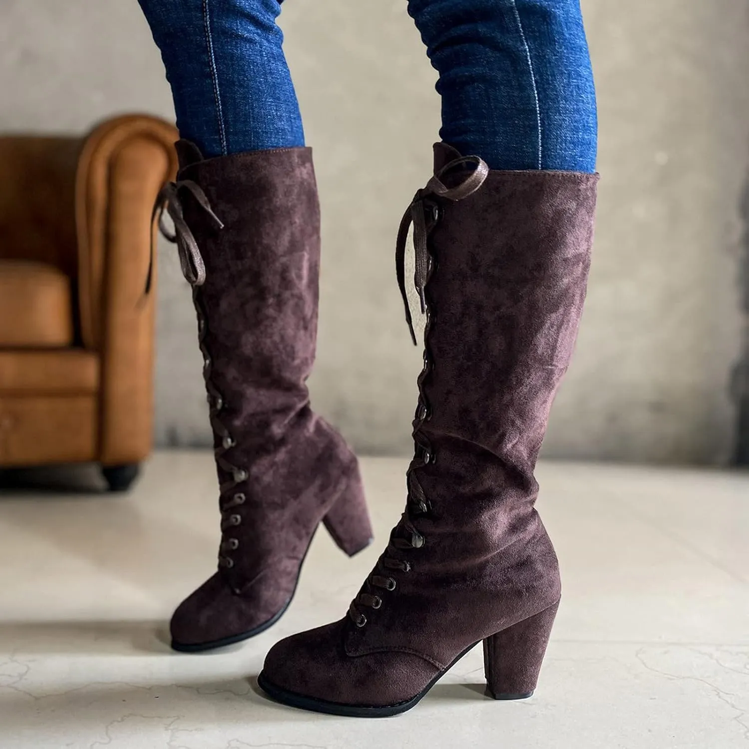 Hiking Boots Women Retro Vintage Lace-Up Thigh High Boots Suede Low Chunky Heels Knee High Long Boots