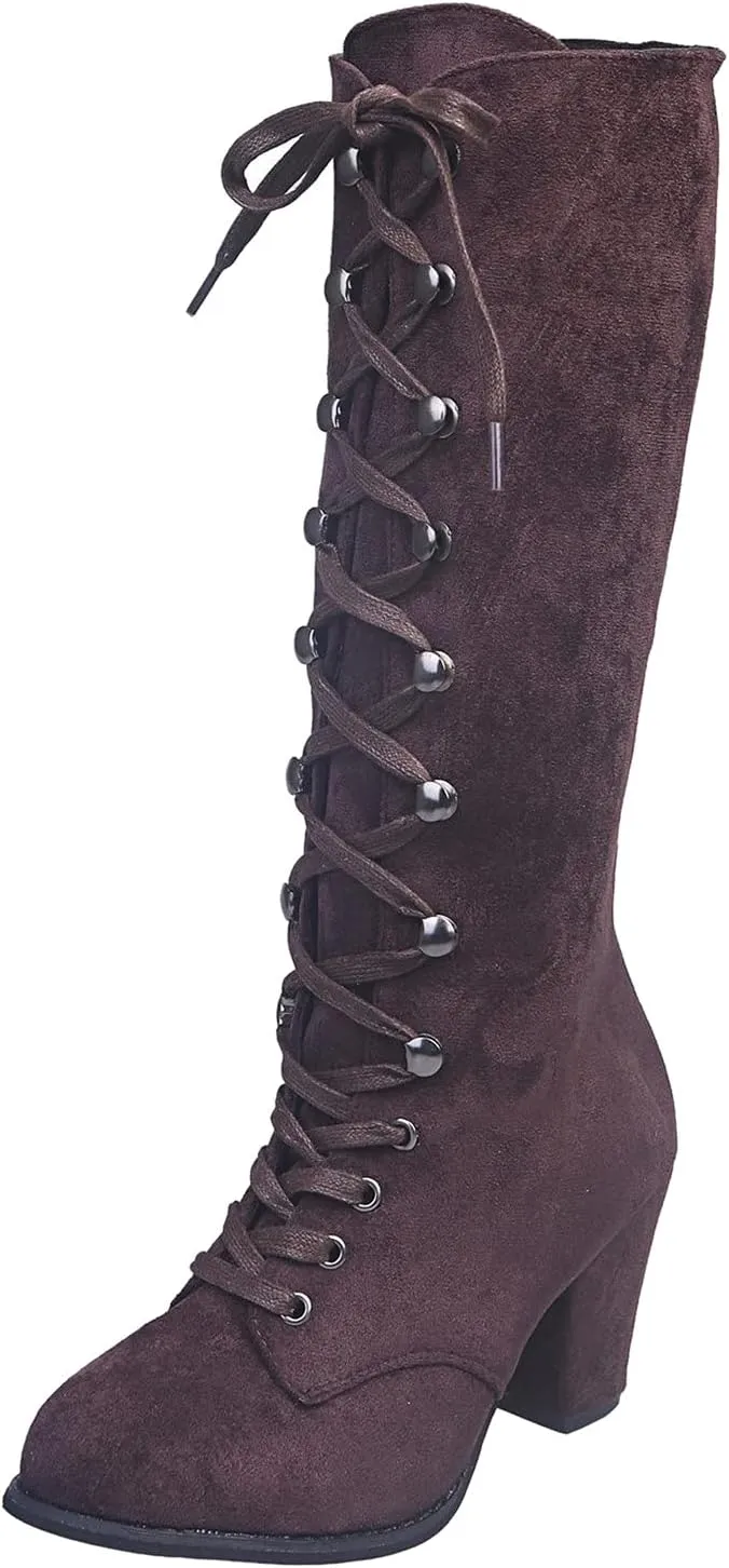 Hiking Boots Women Retro Vintage Lace-Up Thigh High Boots Suede Low Chunky Heels Knee High Long Boots
