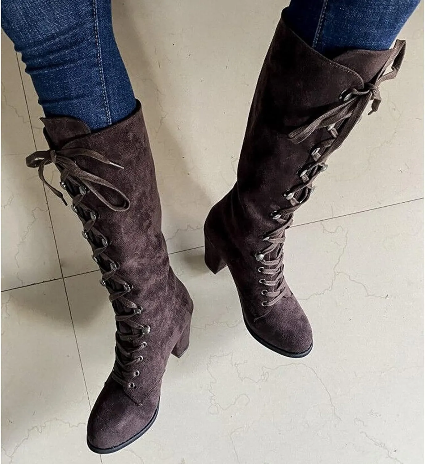 Hiking Boots Women Retro Vintage Lace-Up Thigh High Boots Suede Low Chunky Heels Knee High Long Boots