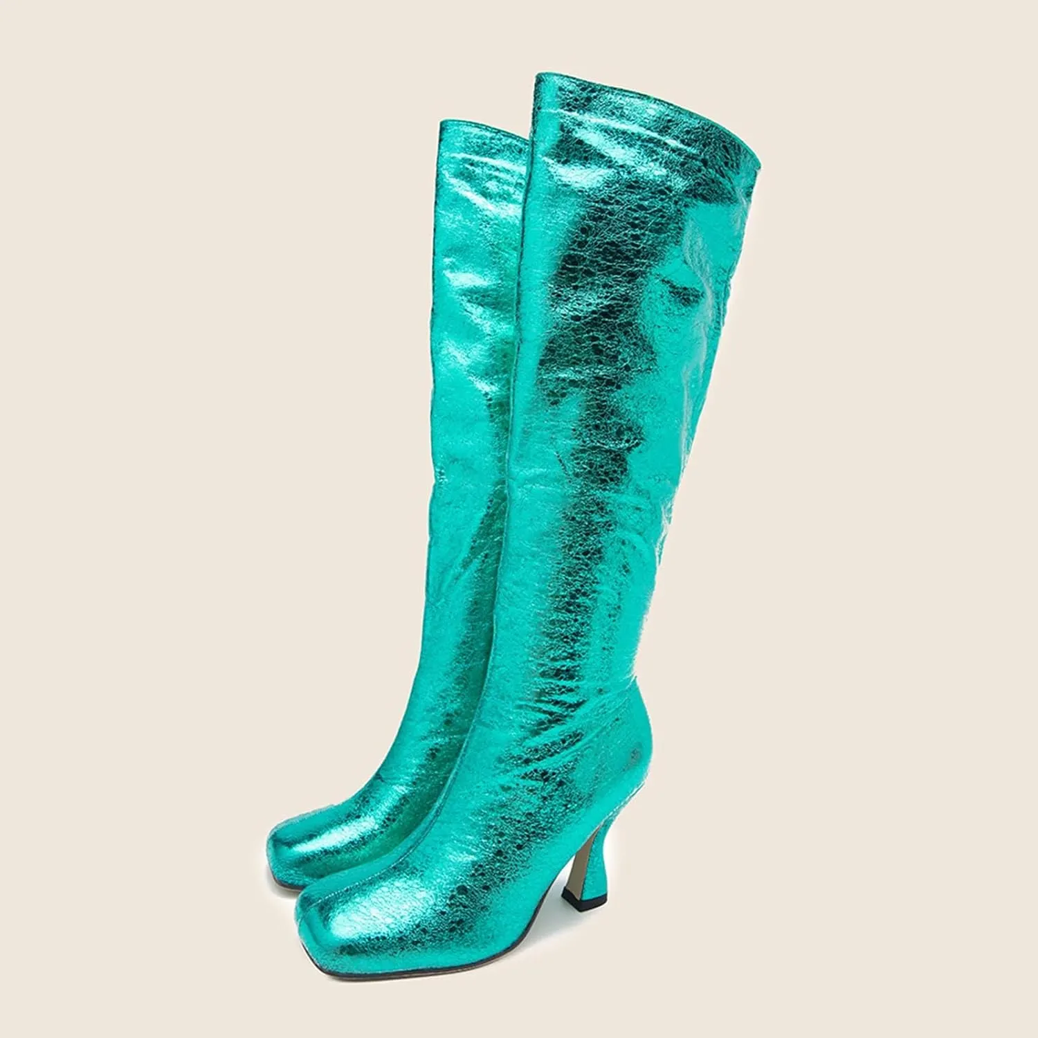 oiangi Womens Sparkly Boots Knee High - Fashion Casual Solid Square Toe Zipper Stilettos High Heel Boots Trendy Comfortable Ladies Shiny Shoes