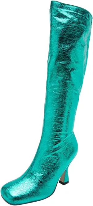 oiangi Womens Sparkly Boots Knee High - Fashion Casual Solid Square Toe Zipper Stilettos High Heel Boots Trendy Comfortable Ladies Shiny Shoes
