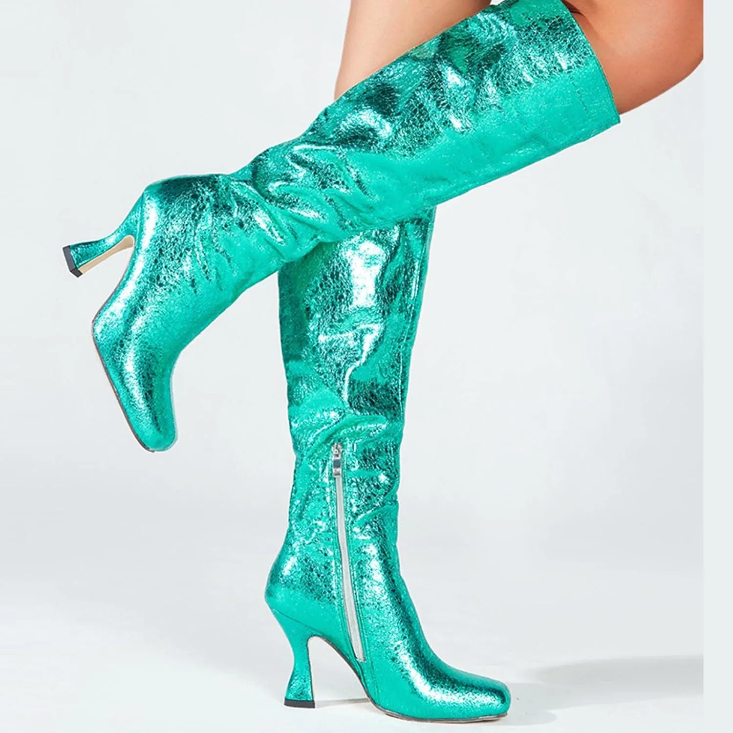 oiangi Womens Sparkly Boots Knee High - Fashion Casual Solid Square Toe Zipper Stilettos High Heel Boots Trendy Comfortable Ladies Shiny Shoes