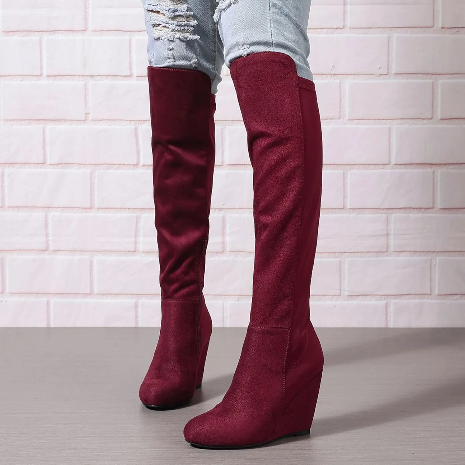 SACFOF Womens Over the Knee High Boots Suede Wedge Heel Long Stretch Boots Sexy Fashion Thigh High Tall Boots US6-11