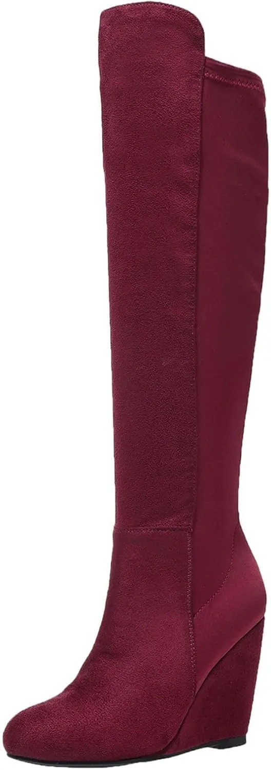 SACFOF Womens Over the Knee High Boots Suede Wedge Heel Long Stretch Boots Sexy Fashion Thigh High Tall Boots US6-11