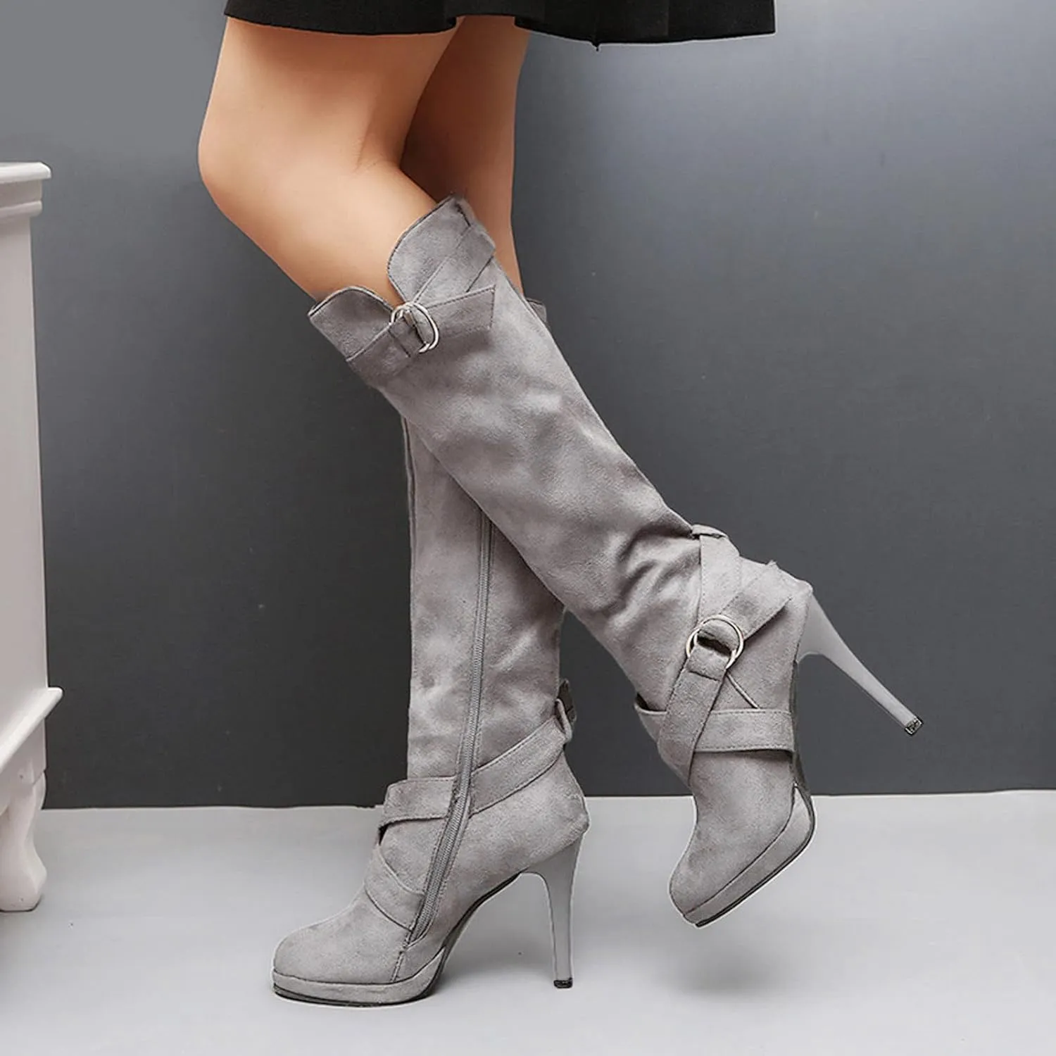 Winter Boots For Women High Heel Knee High Boots Side Zipper Suede Pointed Thigh High Boots Tall Long Boots