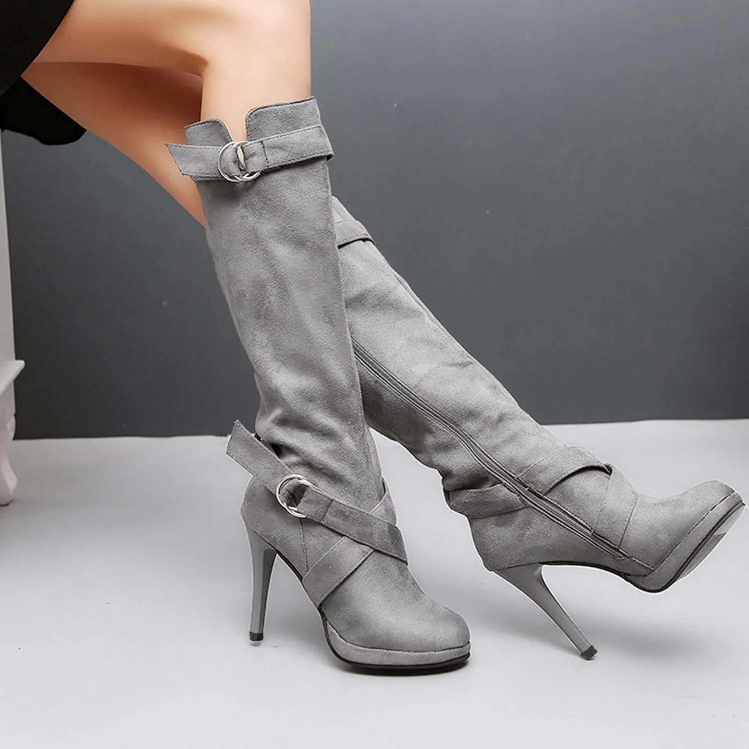 Winter Boots For Women High Heel Knee High Boots Side Zipper Suede Pointed Thigh High Boots Tall Long Boots