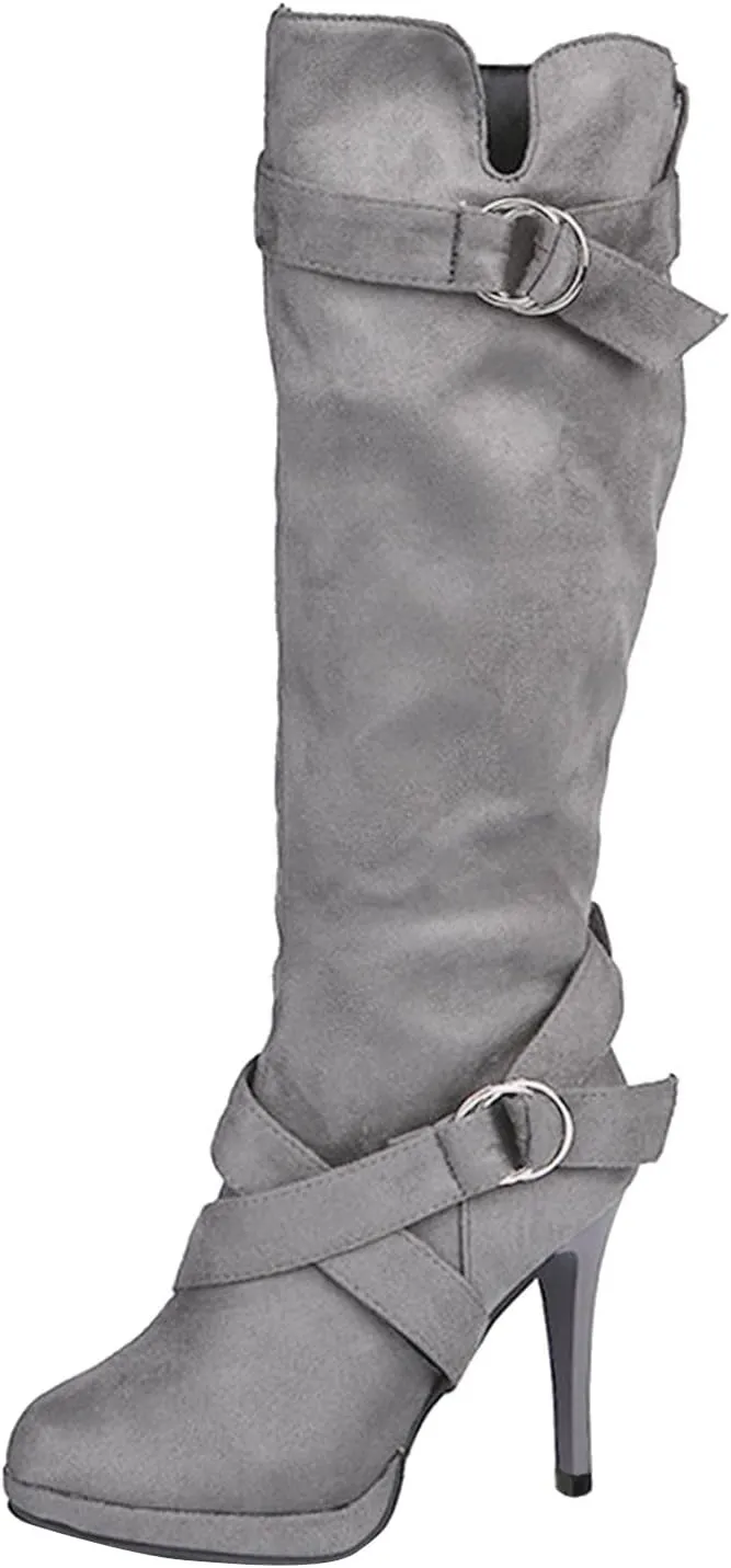 Winter Boots For Women High Heel Knee High Boots Side Zipper Suede Pointed Thigh High Boots Tall Long Boots