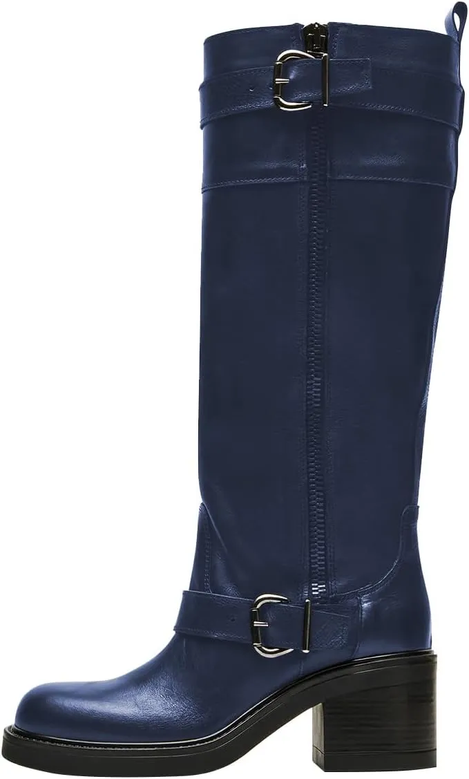 Women Classic Closed Round Toe Side Zipper Knee High Boots Stacked Block Low Heel Winter Dress Party Casual Riding Boots Size 4-16 US
