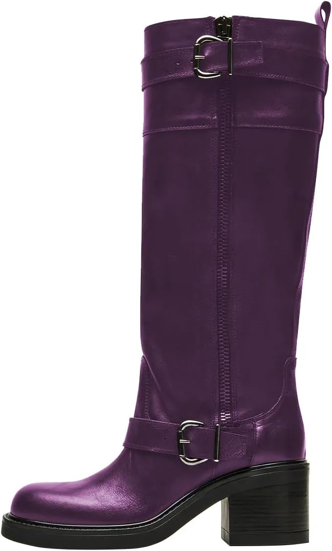 Women Classic Closed Round Toe Side Zipper Knee High Boots Stacked Block Low Heel Winter Dress Party Casual Riding Boots Size 4-16 US