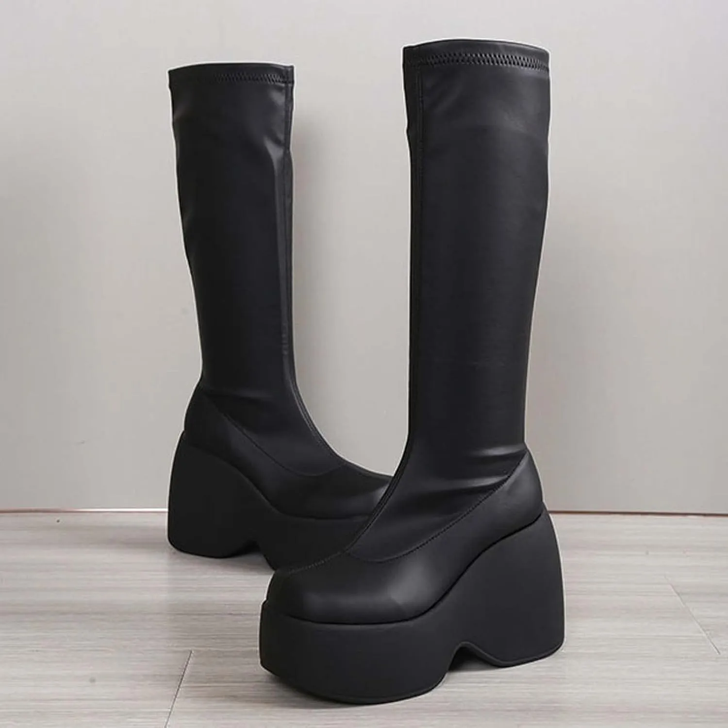 Women's Knee High Wedge Heel Boots High Platform Chunky High Heel Round Toe Goth Punk Combat Boots Fashion Boots