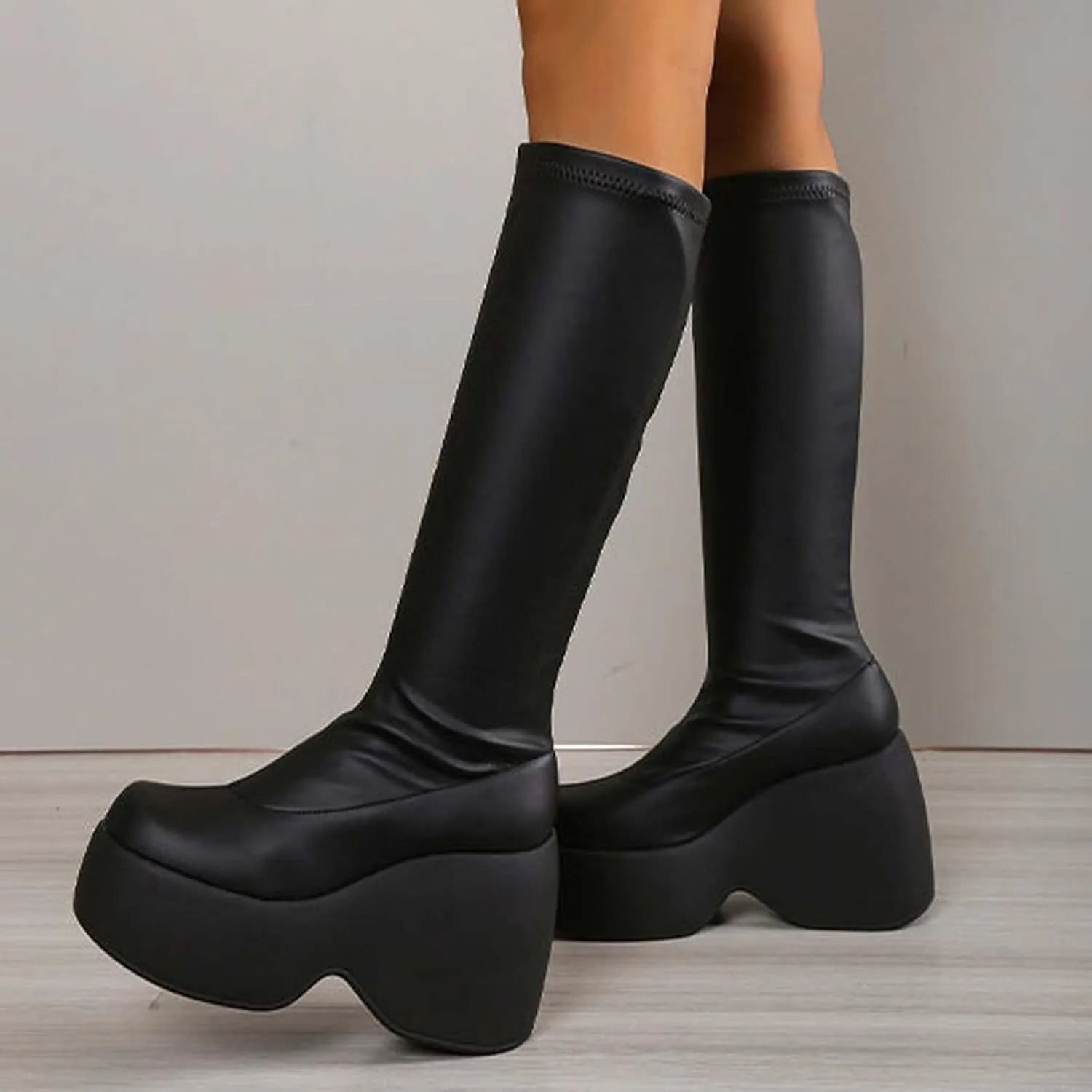 Women's Knee High Wedge Heel Boots High Platform Chunky High Heel Round Toe Goth Punk Combat Boots Fashion Boots