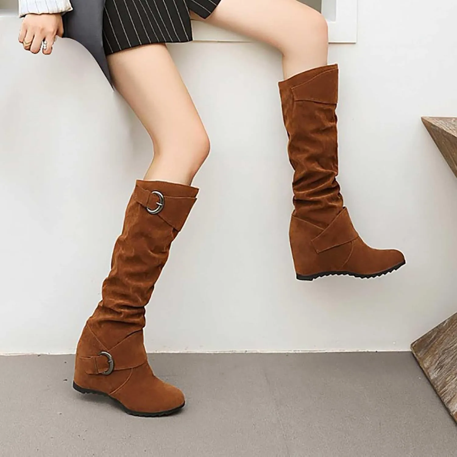 Women's Wedge Heel Knee High Boots High Heel Winter Boots Comfortable Pull on Slouch Buckle Riding Boots